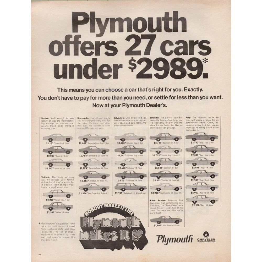 Plymouth Offers 27 Cars Under 2989‎ Vintage Detroit Automobile Print Ad 1971